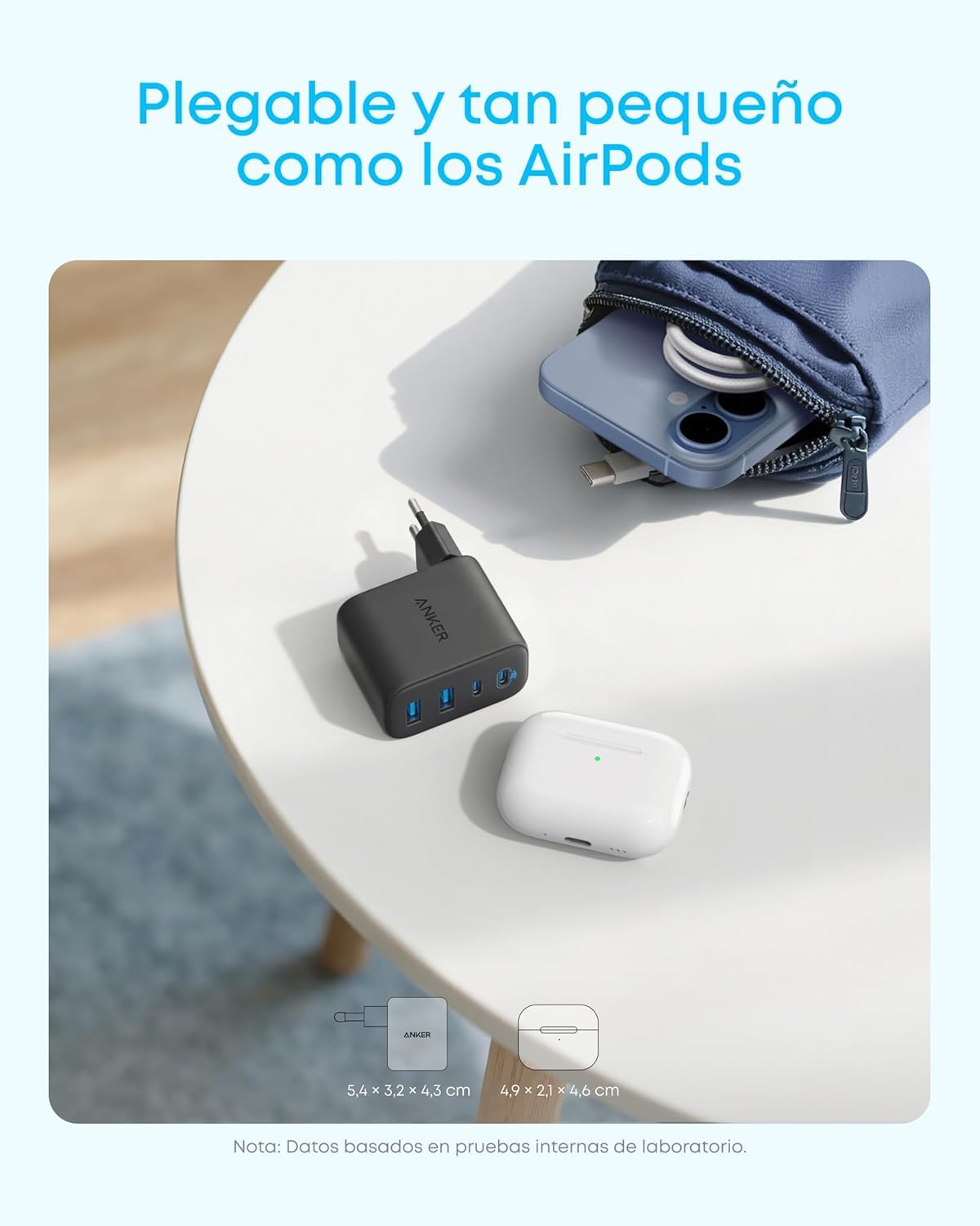 Anker Zolo Cargador iPhone Carga rapida GAN 50W con 4 Puertos 2 Pack | 2 USB C y 2 USB A, compacto, para iPhone 17 16, MacBook, iPad, Galaxy