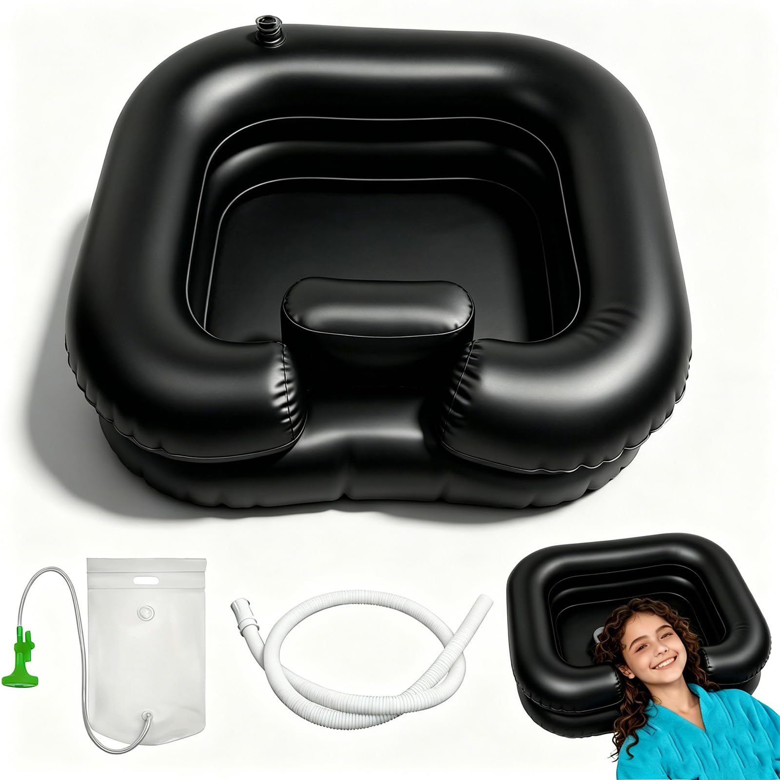 Lavacabezas Inflable de PVC Negro, Lavabo de Champú Portátil con Tubo de Desagüe 1 m, Cabezal de Ducha y Bolsa de Agua, Lavado de Cabello en Cama para Mayores, Embarazadas y Discapacitados