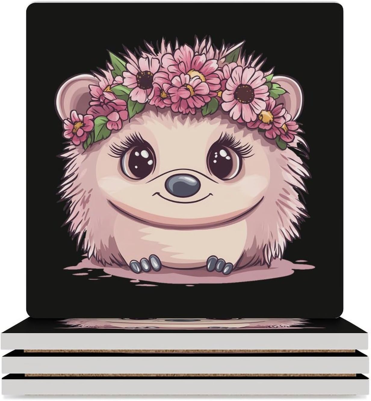 Beautiful Hedgehog Coasters for Drinks Square Table Coasters Set Cup Mats with Cork Base
