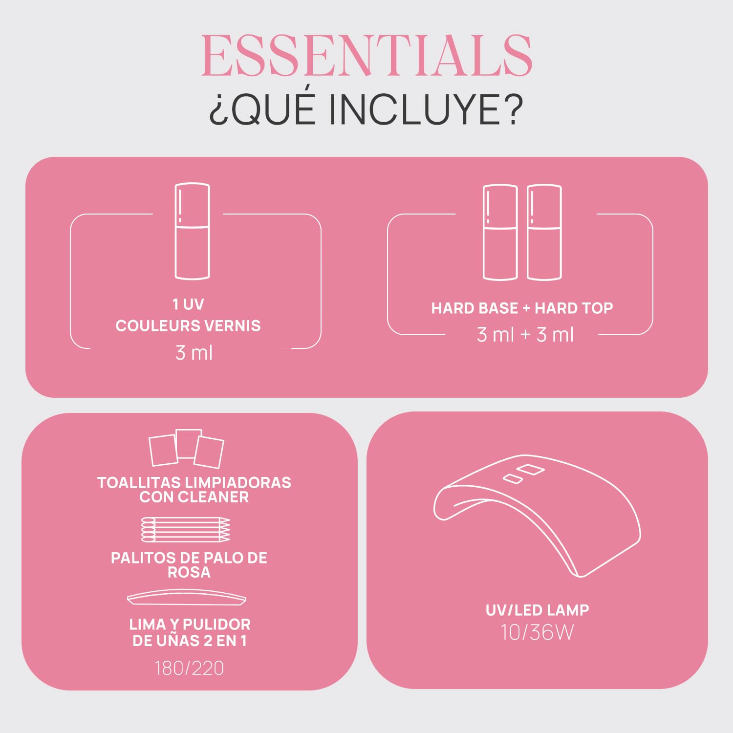 NÉONAIL Essentials Starter Set - Pintauñas Semipermanentes - Lampara Uñas Semipermanentes - Gel Uñas - Top Coat - Lampara de Uñas UV/LED 10W/36 - Manicura - Base Coat - Colores Uñas - Kit