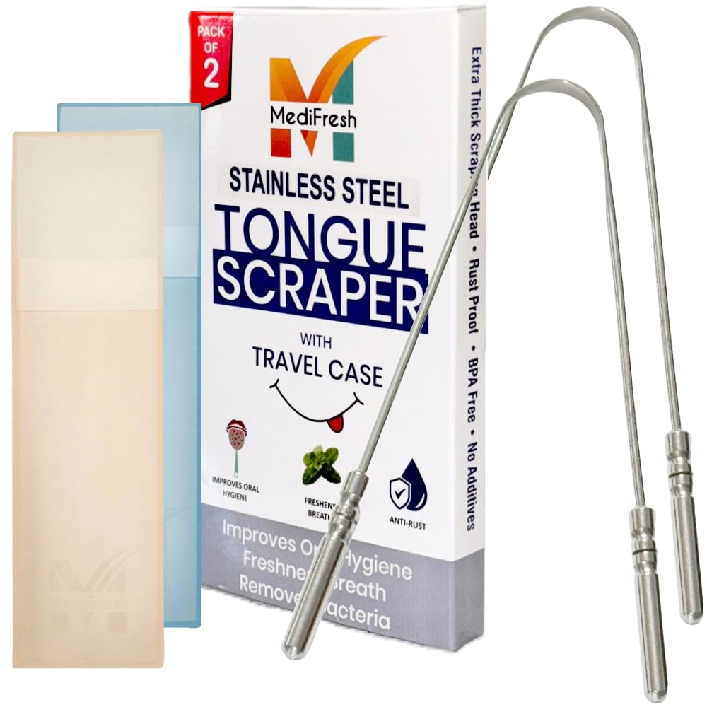 MediFresh Tongue Scraper for Adults with Multicolor Travel Cases (2 Pack), 100% Stainless Steel, Reduce Bad Breath, Tongue Scrubber, Easy to Use, Tongue Cleaner for Oral Care & Hygiene