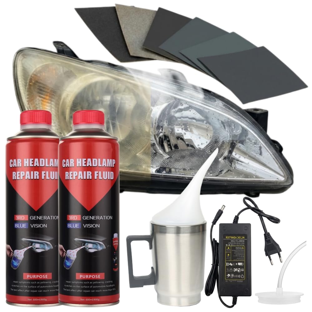 Kit Completo de Restauración y Pulido de Faros de Coche - Incluye 2 Botes de Solución Abrillantadora (800g) y Aplicador Térmico de Acero Inoxidable. Elimina Arañazos y Amarilleo
