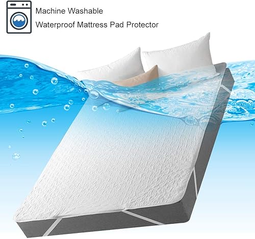 Miniatura 4 de Funda protectora de colchón de tamaño matrimonial, impermeable, acolchada, ajustable, de algodón suave, lavable, protector de cama con banda elástica