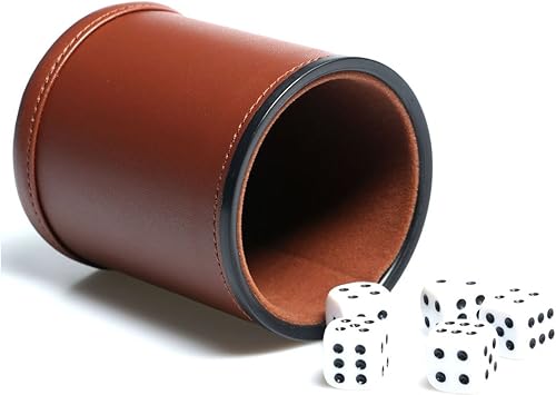 Juego de copa de dados de cuero con forro de fieltro, agitador silencioso con 5 dados de puntos para juegos Farkle Yahtzee, marrón
