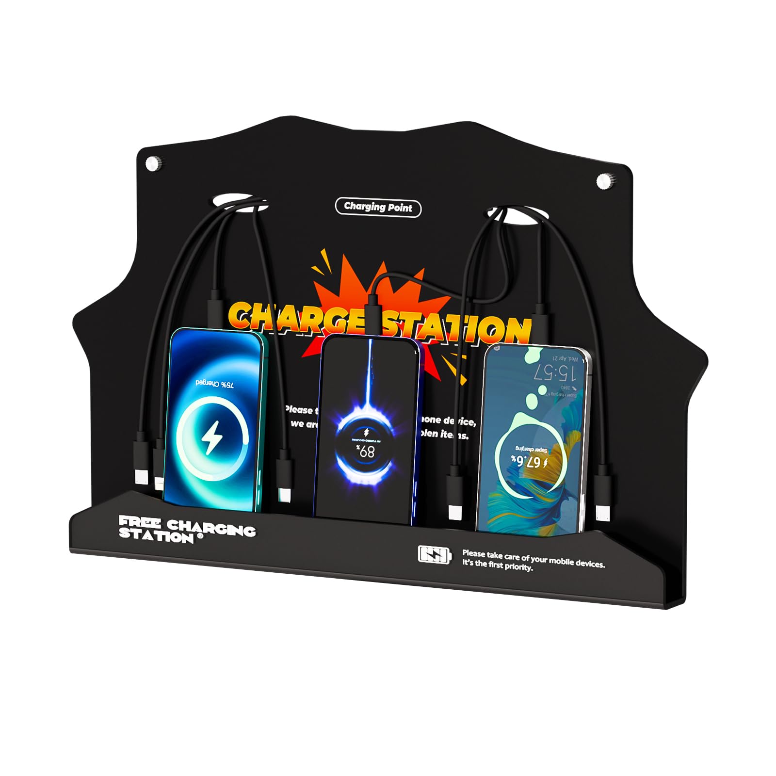 Wall Mounted Cell Phone Charging Station with 8-Port High-Speed Cables – Universal Dock for Apple, Type-C & Android Devices – Ideal for Airports,