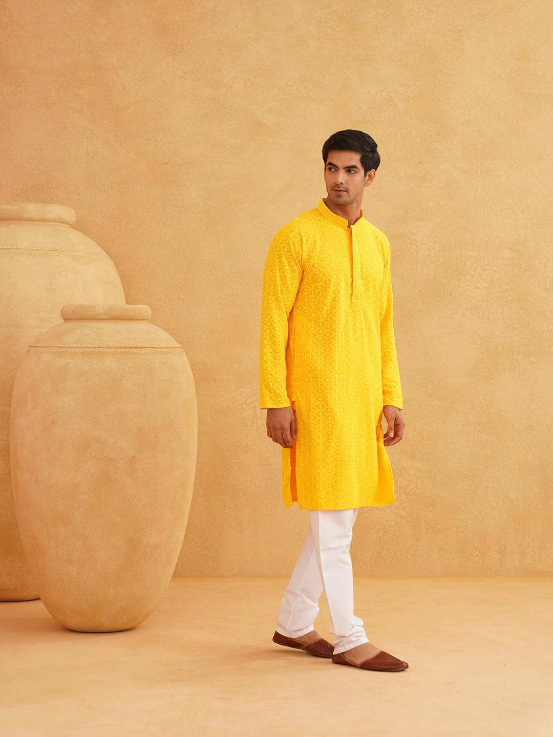 Sojanya (Since 1958 Men's Ethnic Motifs Embroidered Sequinned Mustard Cotton Long Kurta