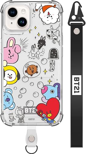 BT21 Producto oficial para iPhone 15 Plus Funda con correa protectora a prueba de caídas, esquinas de gelatina resistente y dura, parte trasera de
