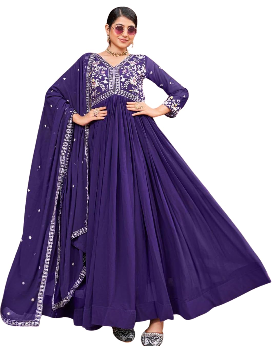 Evan Enterprise Women Faux Blooming Gown with Rich Zari & Sequins Embroidery Work Full Sleeves Fancy Round Neck Front & Back Same Design, Wedding & Festive Long Gown-image-35