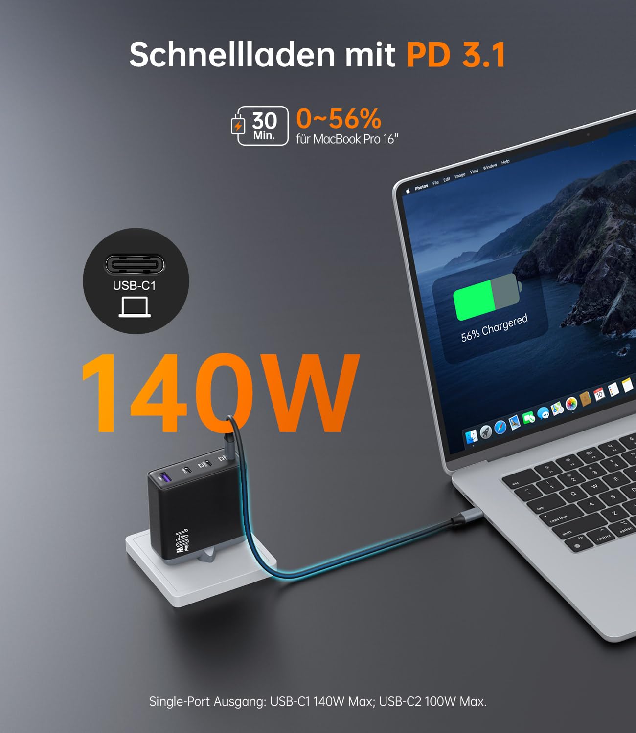 NOVOO 140W USB C Ladegerät mit 240W Kabel, GaN III 4-Port Schnellladegerät PD 3.1, USB-C1 140W & USB-C2 100W, 4 Geräte gleichzeitig für MacBook Pro/Air, iPhone 17/16, iPad, Samsung Galaxy