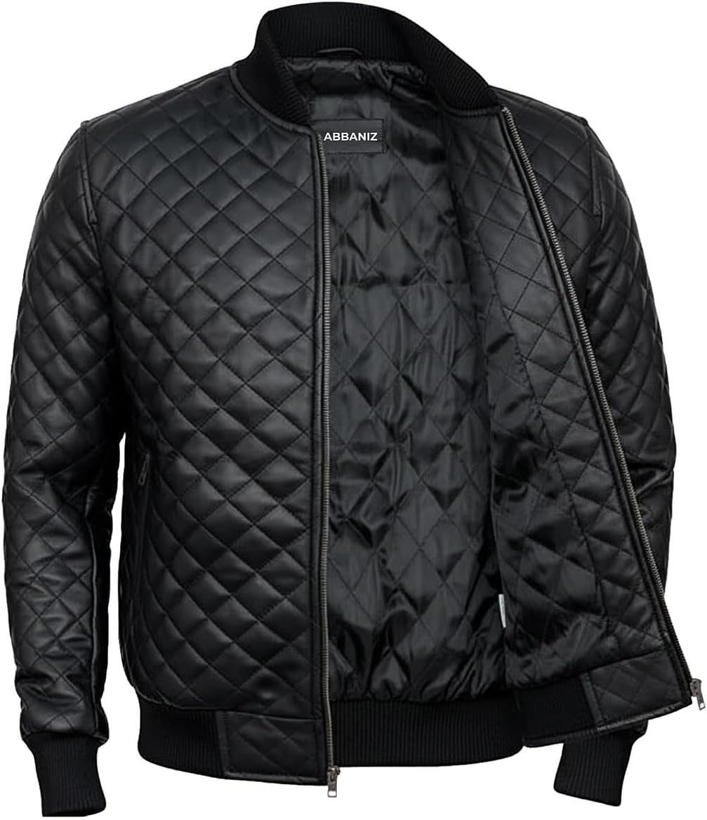 Men's Black Quilted Bomber Jacket - Diamond Quilted Bomber Lambskin Leather Jacket - Image 3