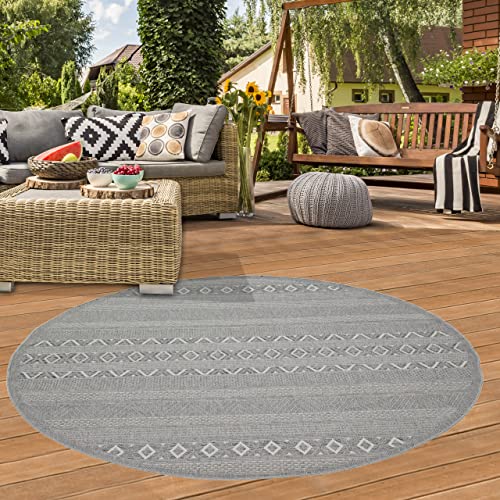 Teppich-Traum Runder In- & Outdoor Teppich Sisal Optik Wohnzimmer Küche Terrasse Balkon Diamanten Rautenmuster gestreift graufarben Größe 120 cm Rund