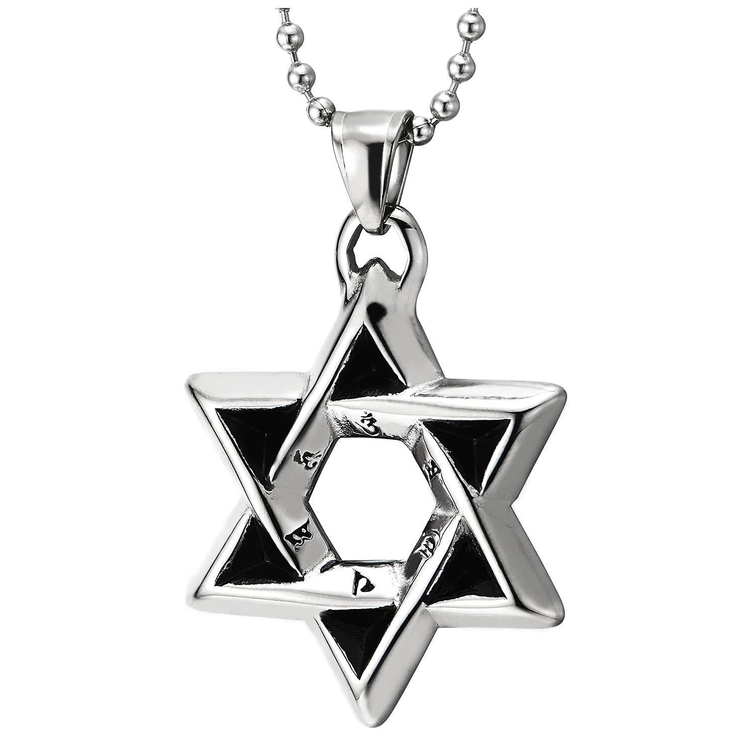 COOLSTEELANDBEYOND Man Women Vintage Unisex Star-of-David Pendant Necklace Steel with Black Enamel and Sanskrit Letter