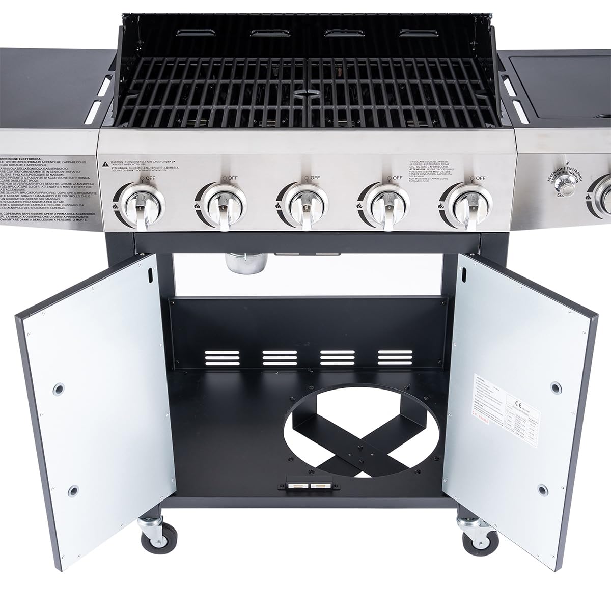 Arsard Barbecue a Gas Professionale XXL 6 Fuochi 19 KW con Bruciatore Laterale Griglia Ghisa Acciaio Inox