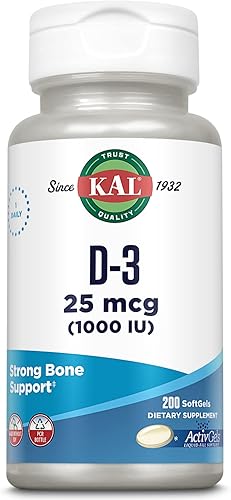 KAL Vitamina D3 1000 UI cápsulas blandas (25 mcg), forma activa de vitamina D, absorción de calcio, salud ósea, suplemento de apoyo inmunológico,