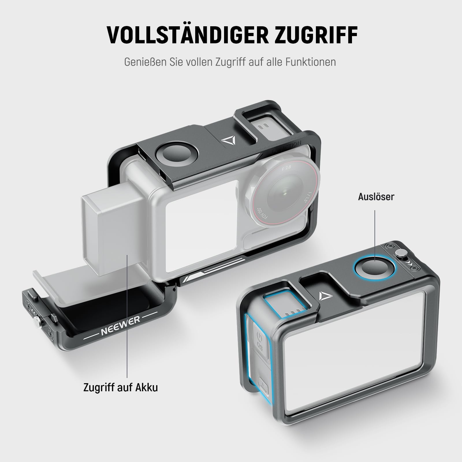 NEEWER Cage und Side Handle Set kompatibel mit DJI Osmo Action 5 Pro / 4/3, Schutzvorrichtung aus Metall mit magnetischer Adapterhalterung, Cold Shoe Shutter Extender Bar, dunkelgrau, AC014+AC034