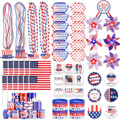 MGparty 4th of July Accessories, 138Pcs Patriotic Party Favors Supplies Set Fourth of July Decorations Independence Day Celebrations Memorial Day Decor Classroom Prizes for kids