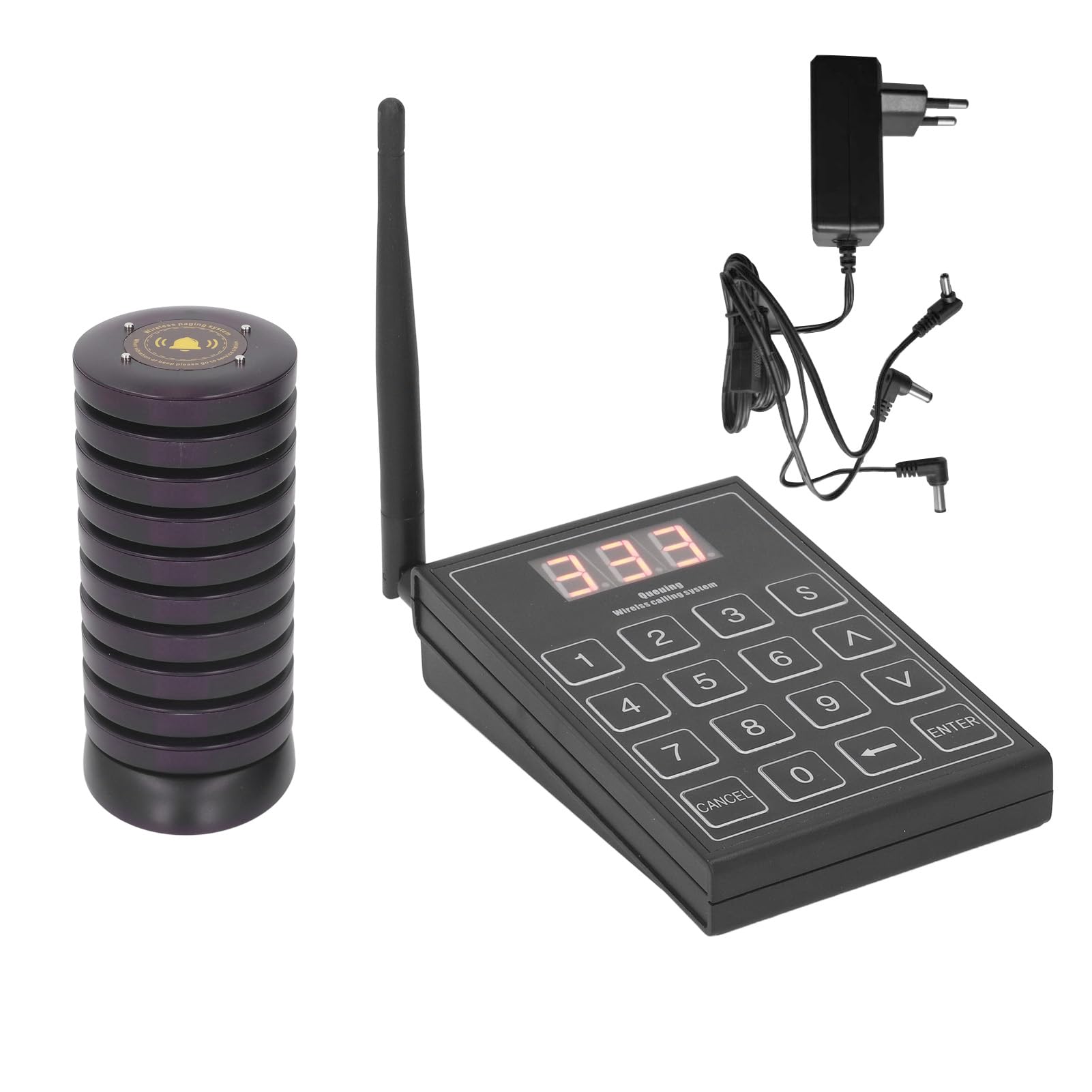 Cercapersone per Ristoranti, Trasmettitore con Tastiera di Chiamata a 999 e Ricevitori a 10 Dischi, Cercapersone Wireless con Portata di 1000 M per Attesa della (Spina europea)