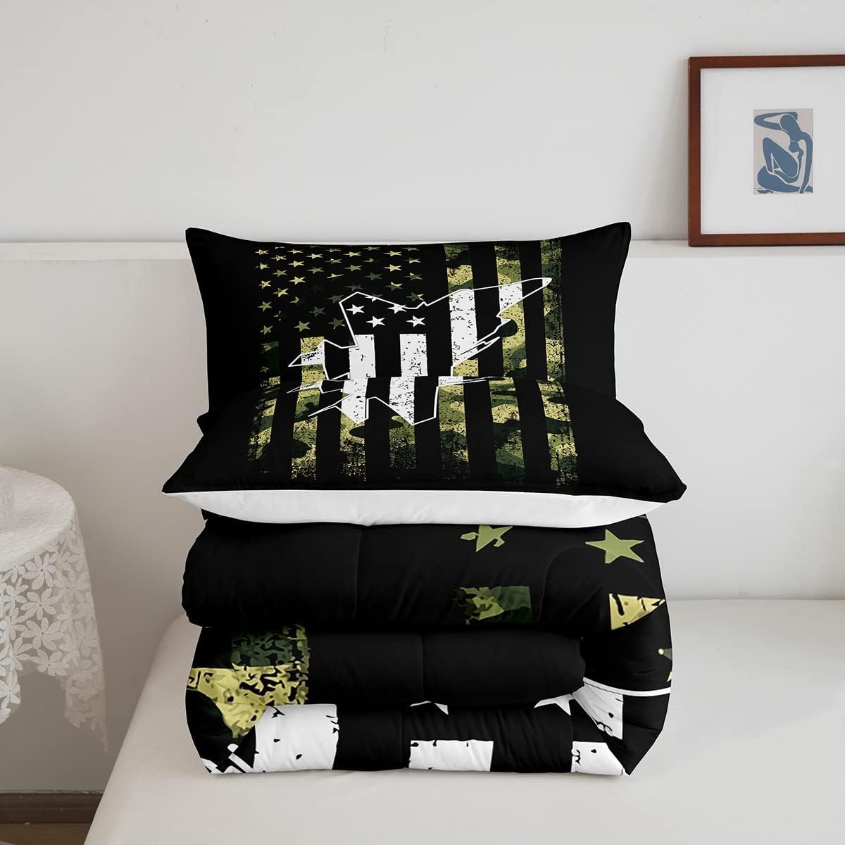 Camo Airplane Boys Comforter Set Full Size Camouflage American Flag Bedding Set 3pcs for Kids Men Teens Bedroom Retro Star Stripes USA Flag Quilt Set Army Green Camo Plane Duvet Insert,2 Pillowcases - Image 5