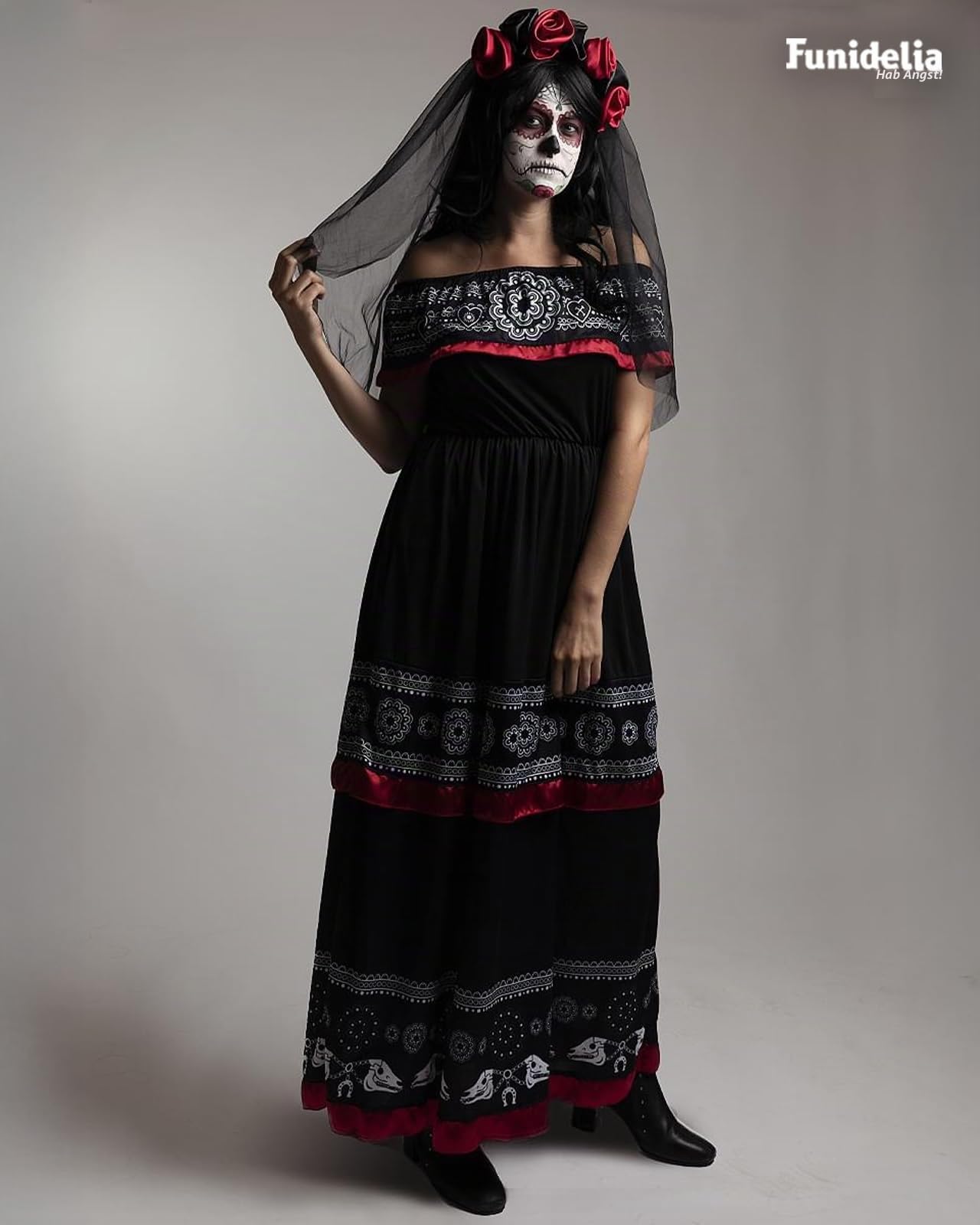 Funidelia Catrina Kostüm für Damen mit Stirnband mit Blumen und Schleier, Día de los Muertos Verkleidung für Erwachsene, Karneval, Halloween und Party Kostüme