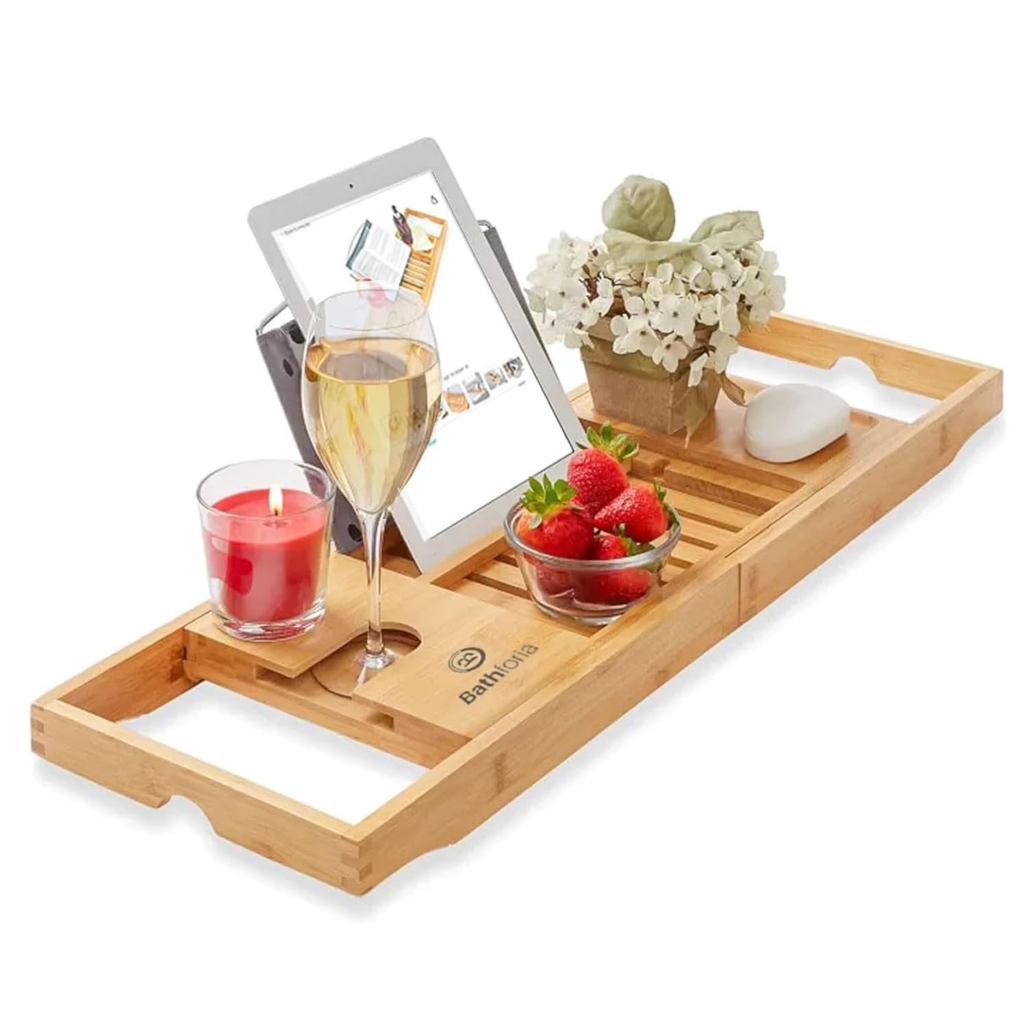 Extendable Wooden Bath Caddy Tray – Bamboo Bathtub Rack with Wine Glass, Candle, Book, Tablet & Phone Holder – Adjustable Bath Board Shelf & Foldable Bathroom Tray for Spa Relaxation