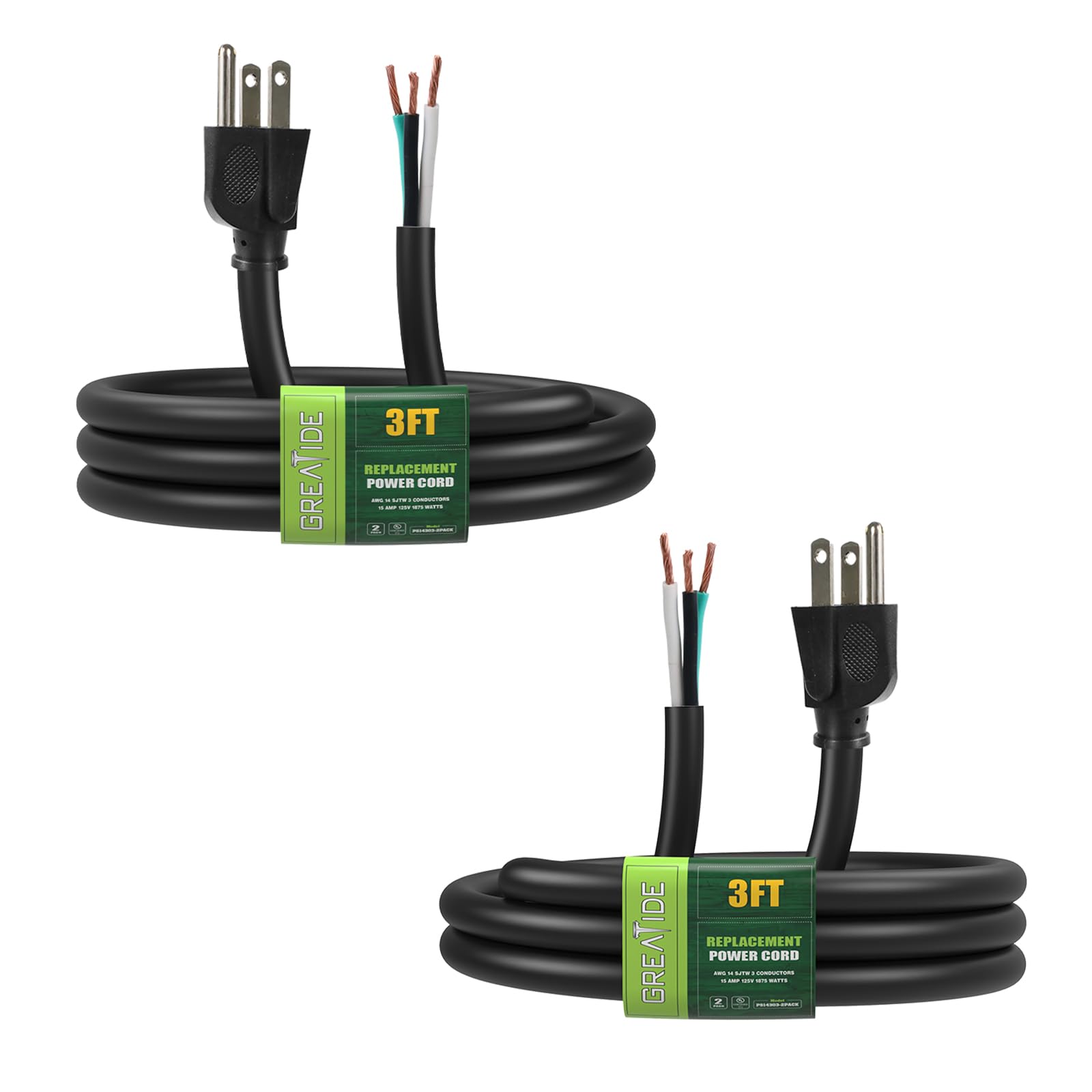 GREATIDE Industries Inc 3-Wire Appliance and Power Tool Cord, 3 ft, 14 AWG, 15A/125V AC, 1875w, Black, 2pack