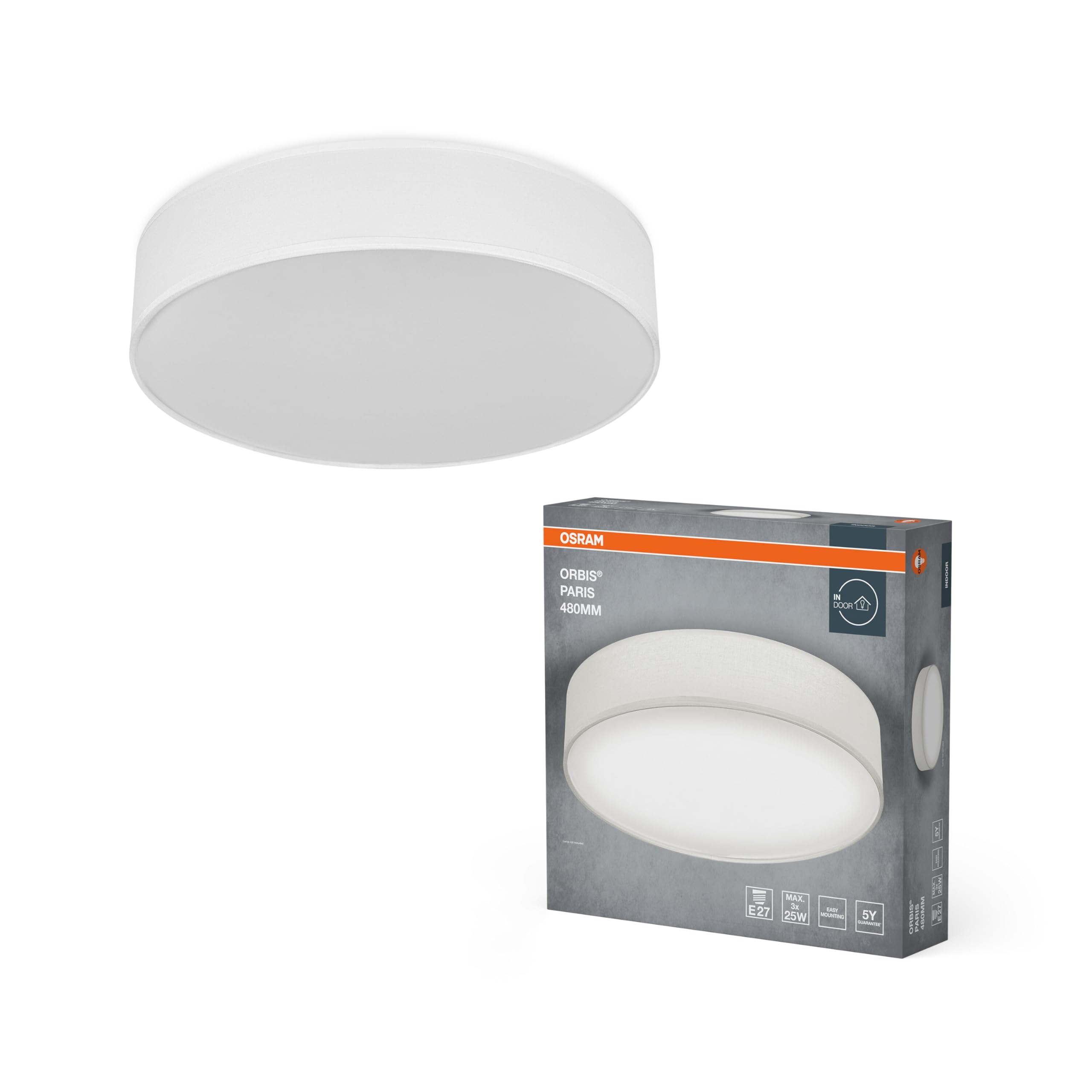 Osram Plafonnier ORBIS PARIS 480mm, blanc, culot 3xE27, peut être équipé d'une ampoule connectée, de haute qualité, design moderne, avec abat-jour en tissu, adapté à un usage intérieur, rond, IP20 | Orbis Paris Éclairage mural intérieur, blanc, lot de 1