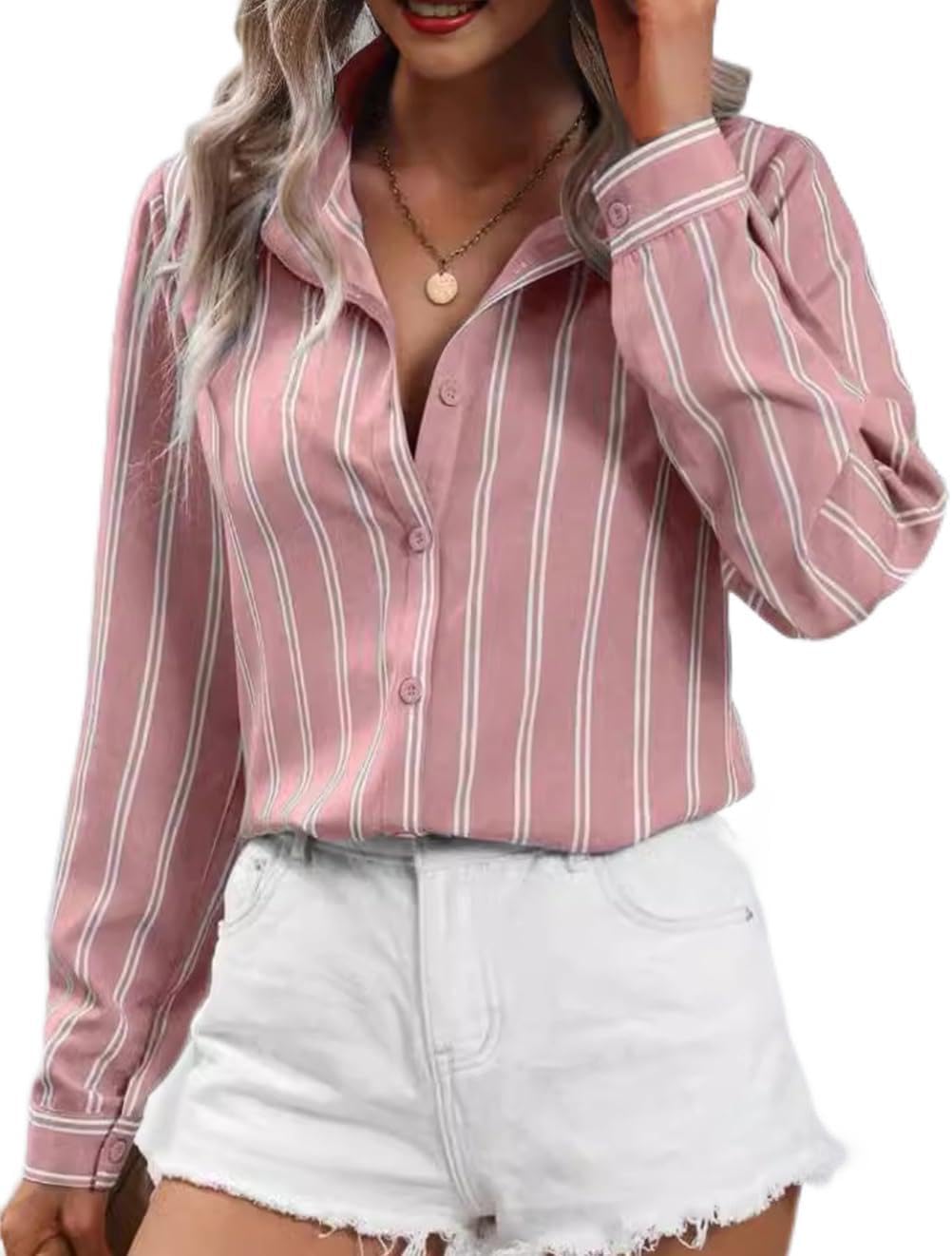 Blusa feminina listrada de botão clássica casual manga longa solta para trabalho de escritório com bolso