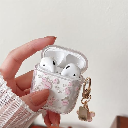 Miniatura 7 de MINSCOSE Funda transparente compatible con AirPods 1 y 2, bonito diseño de patrón de flores con llavero floral, funda protectora de TPU suave a