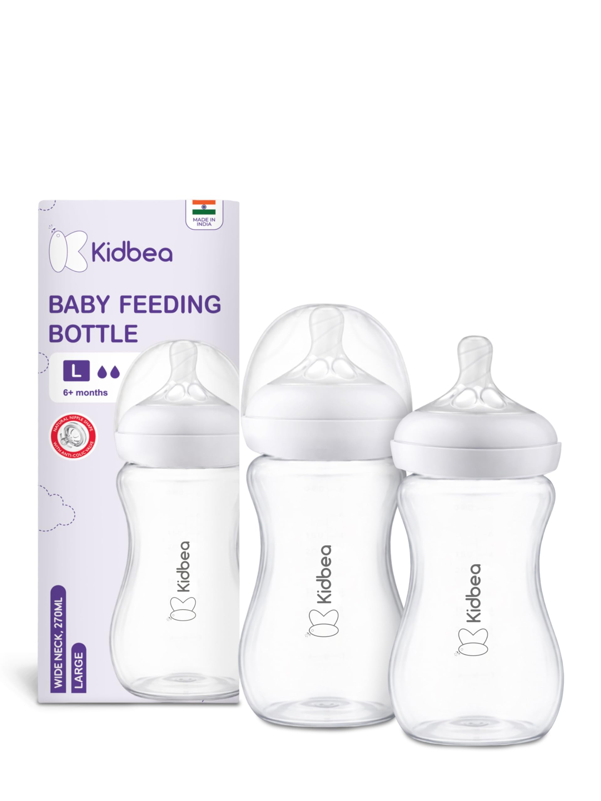 Kidbea Baby Milk Feeding Bottle for Newborn 270ml, BPA Free, Wide Neck Breast Shaped Nipple, Leak Proof, Anti Colic Feeding Bottle, 6+ Months (Pack of 2)-image-32