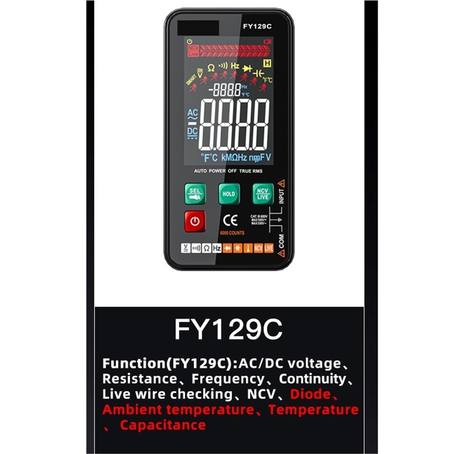 Multimètre numérique, Multimètre numérique intelligent avec support, écran couleur LCD, testeur de tension AC/DC, diode Ohm, NCV, fréquence, vérification du fil sous