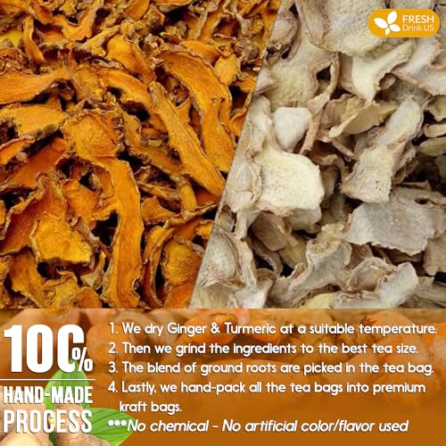 Image of FRESHDRINKUS Premium 65 Turmeric Ginger Tea Bags, 100% Natural Ingredients, Hand-made Blend of and Ginger, Eco-conscious Bags. Herbal Tea. No Sugar, Caffeine, Gluten, Vegan.