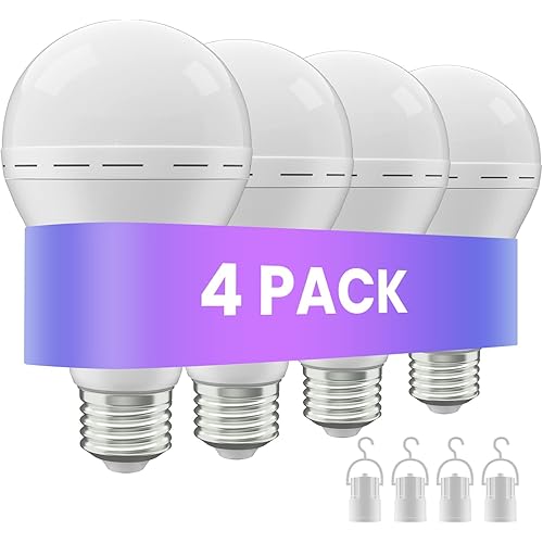 Emergency Rechargeable Led Light Bulb with Hook,Stay Lights Up When Power Failure, 1500mAh 12W 60W Equivalent LED Light Bulbs for Home, Camping, Hiking, 4 Pack