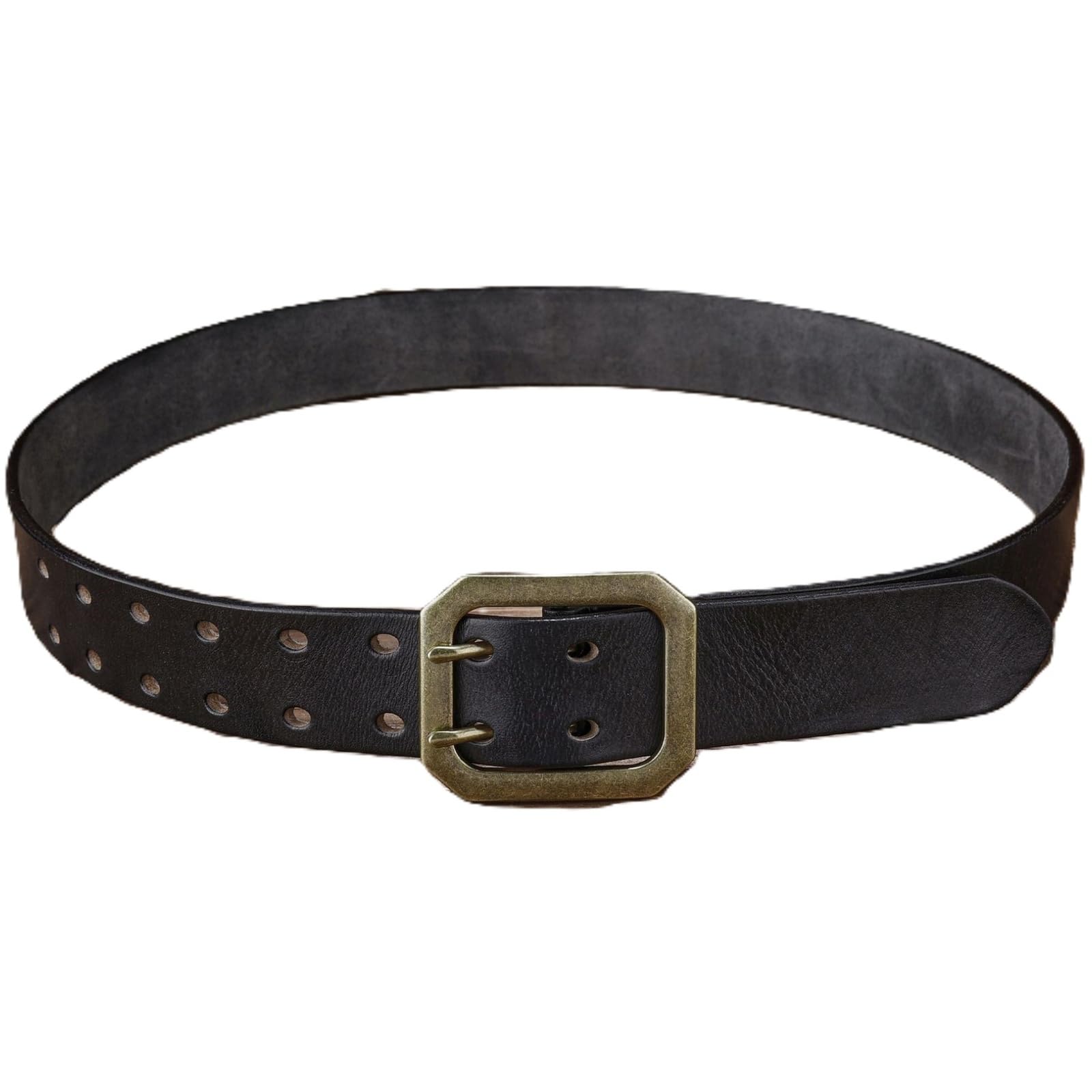 AGUTALITHIC Mens Double Prong Leather Casual Jeans Belt,Heavy Duty Double Pin Bronze Buckle Strap for Business and Daily Wear(120cm/47, Black)