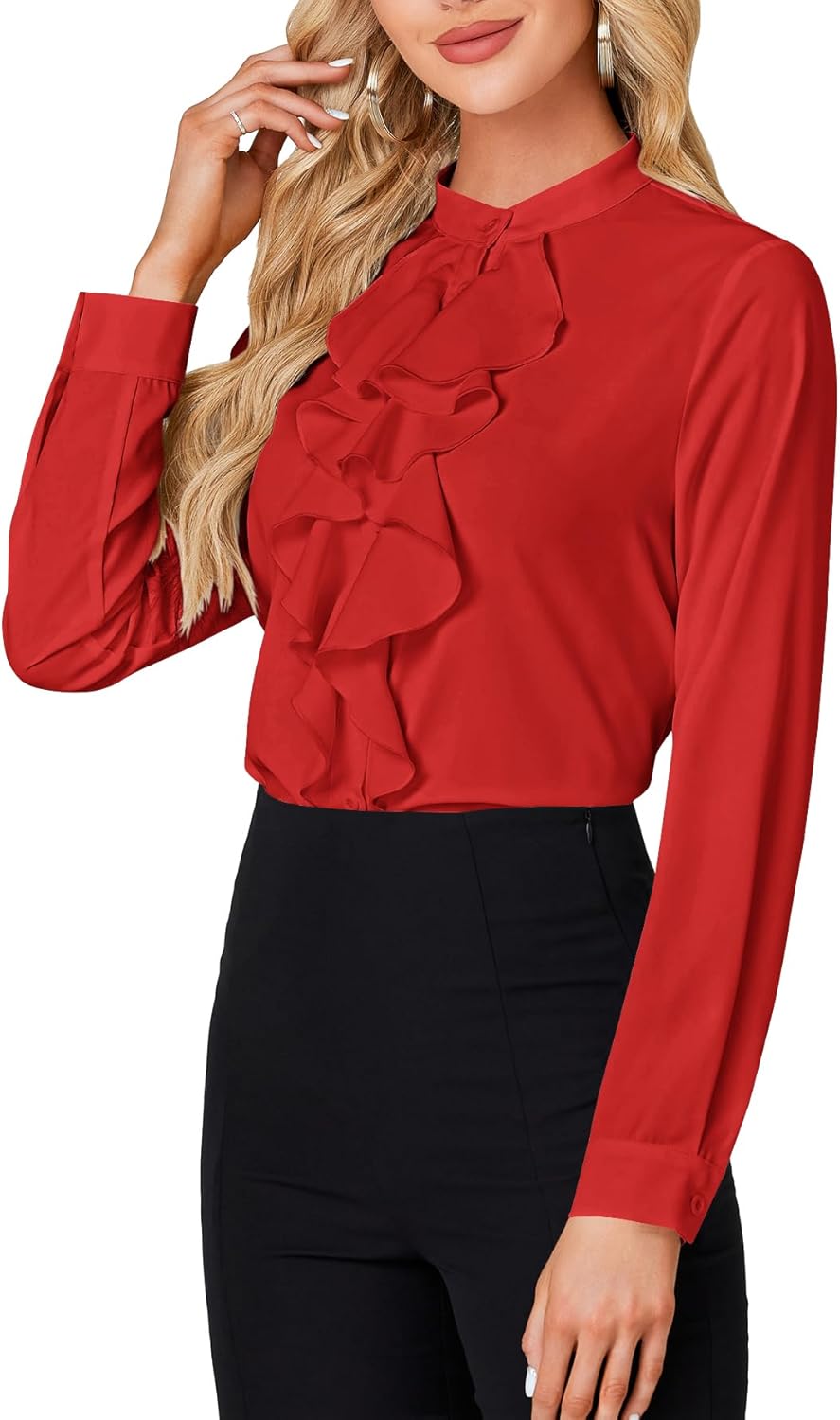 LYANER Women's Mock Neck Button Down Ruffle Front Long Sleeve Work Shirt Blouse Tops - Image 3