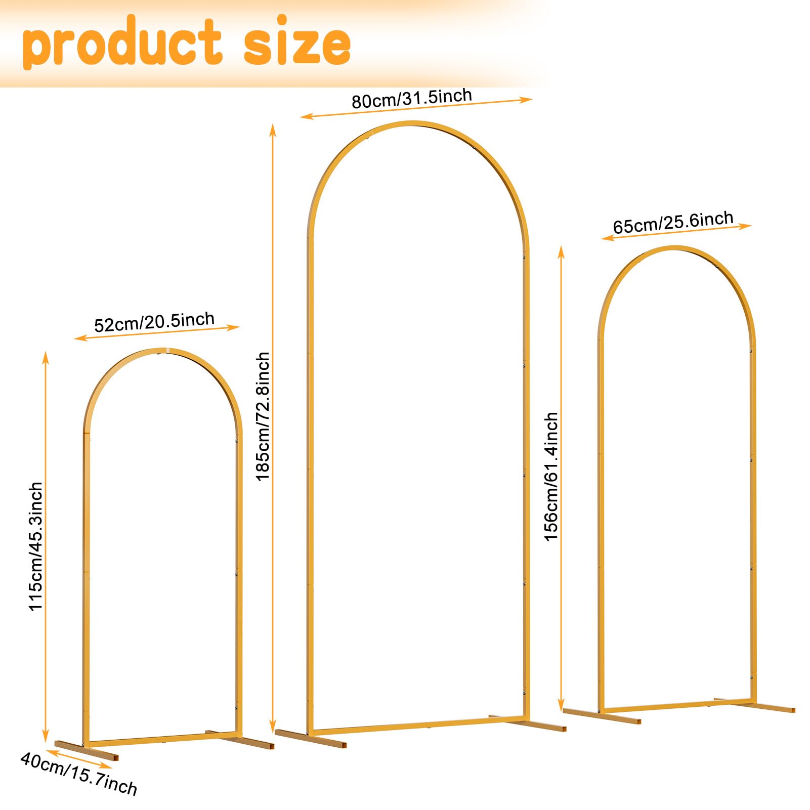 Support Arche Ballon Anniversaire, Lot de 3 Supports d'arche en Métal pour Décoration de Mariage, 1,2 m, 1,5 m, 1,8 m, carré, pour extérieur, cérémonie, Anniversaire, fête, Jardin (doré)