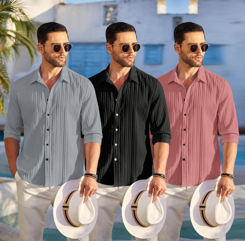 Image of FINIVO FASHION Combo of Men's Casual Cotton Plain Button Down Shirt Long Sleeve Textured Summer Beach Shirt for Men Pack of 3