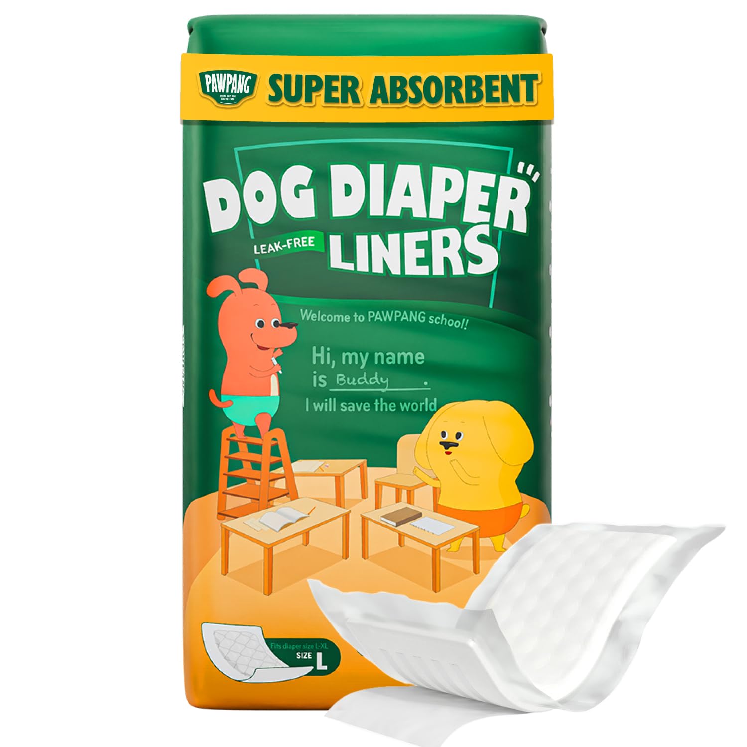 PAWPANG Disposable Dog Diaper Liners for Male and Female Dogs, 100 Pack, 4 Sizes, Fits Most Types of Dog Diapers - Belly Bands and Male Bandages (Large (100ct))