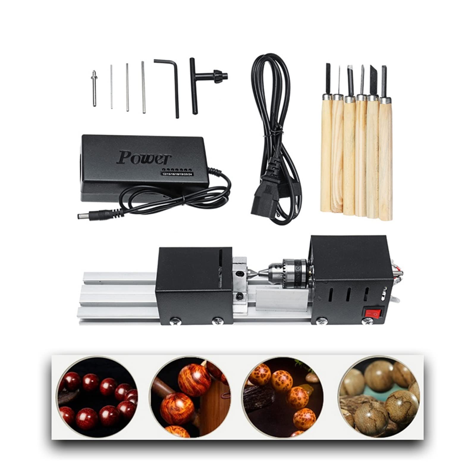 BREAUX Power Tools 200W Miniature Bead Lathe Bead Machine + 6X Carving Knife + 1.5/2.0/2.5mm Bur with 1Pc Fixed Screw + Saw Blade Movable Surface Benchtop lathes