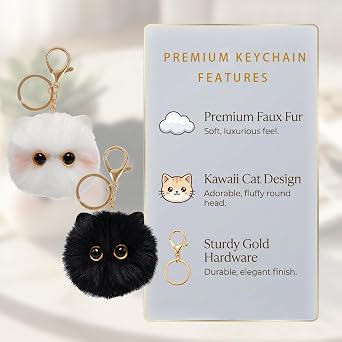 2 Pcs Cat Keyring,Plush Keyrings Cat-Shape Pom Pom Plush Cute Girl Keychain | Fluffy Cats Bag Charm Pendant,Valentine's Day Christmas Birthday Gift for Women,for Handbags Backpacks Cars (Black & White)