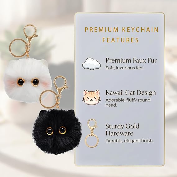2 Pcs Cat Keyring,Plush Keyrings Cat-Shape Pom Pom Plush Cute Girl Keychain | Fluffy Cats Bag Charm Pendant,Valentine's Day Christmas Birthday Gift for Women,for Handbags Backpacks Cars (Black & White)