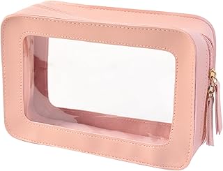 Clear Makeup Bag Pink Cosmetic Bag Travel Make Up Bag Large Portable Toiletry Bag Transparent Make Up Pouch Cosmetic Pouch Makeup Purse Organizer Zipper Wash Bag Makeup Case Clear Pouch for Women Girl
