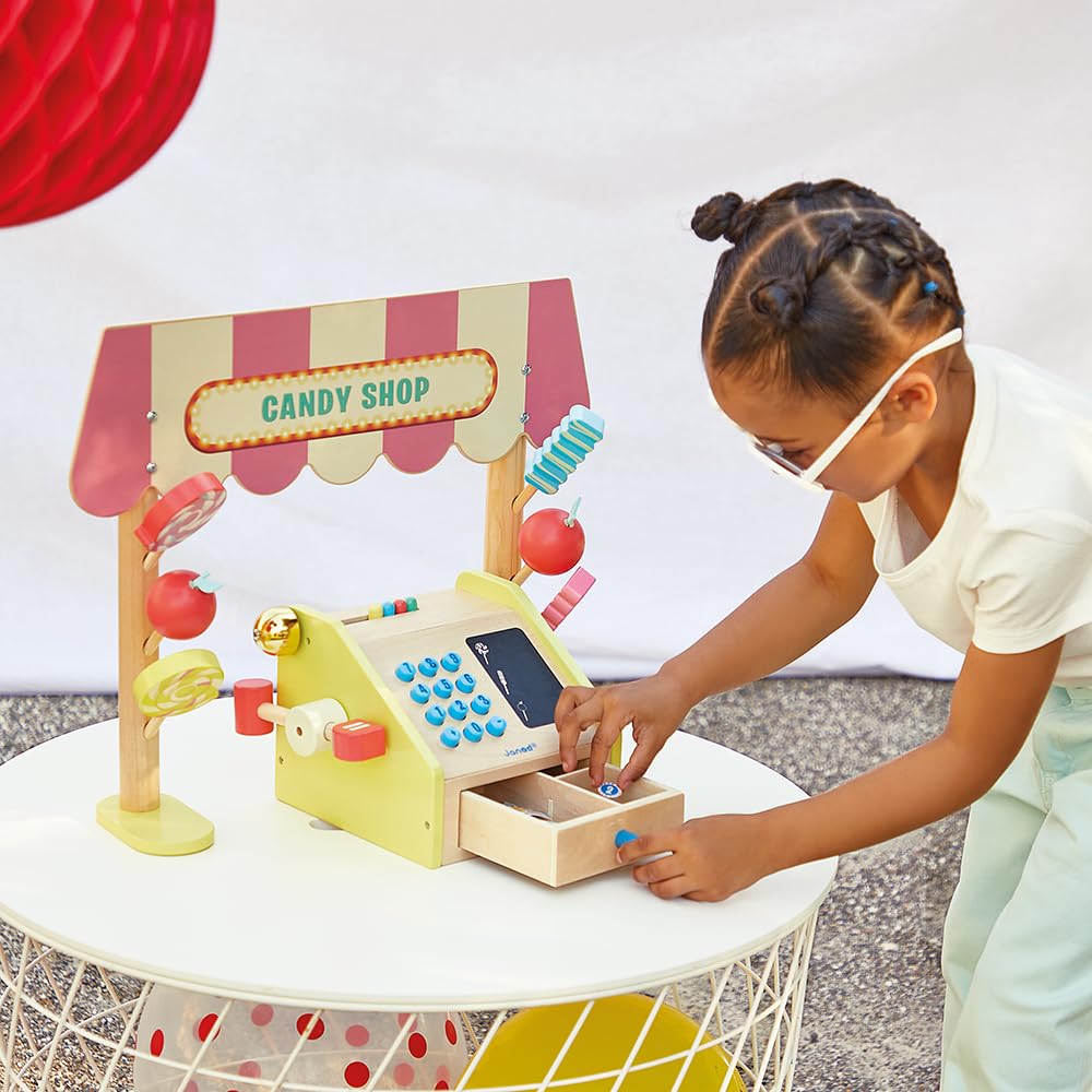 Janod - Tienda Infantil Applepop - Juego de Imitación con Caja Registradora - 19 Accesorios - Estimula la imaginación - Juguete de Madera FSC - Pintura al Agua - A Partir de 3 Años, J03350
