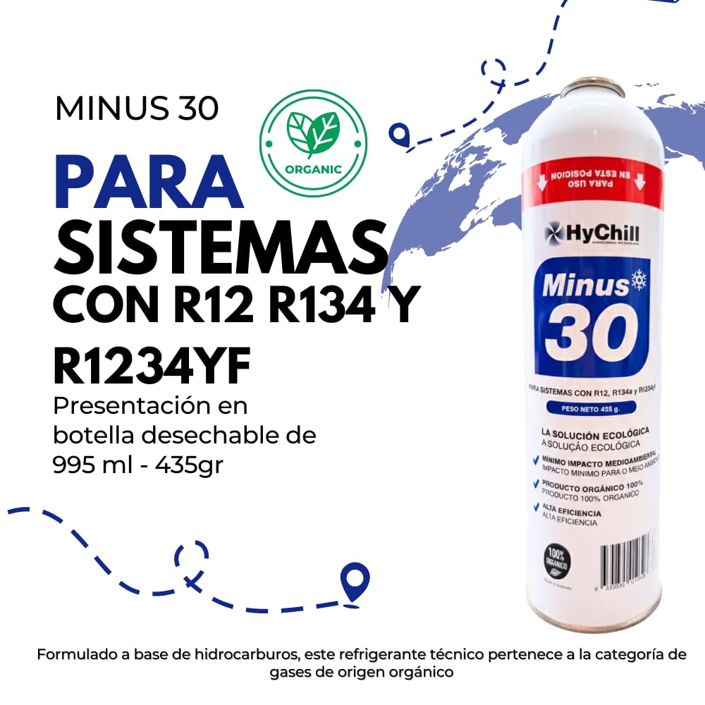 Minus 30 Refrigerante Técnico 995ml 425gr | Gas Ecológico para Aire Acondicionado y Frío Automoción | Alta Eficiencia Uso Profesional (1 ENVASE + LLAVE)