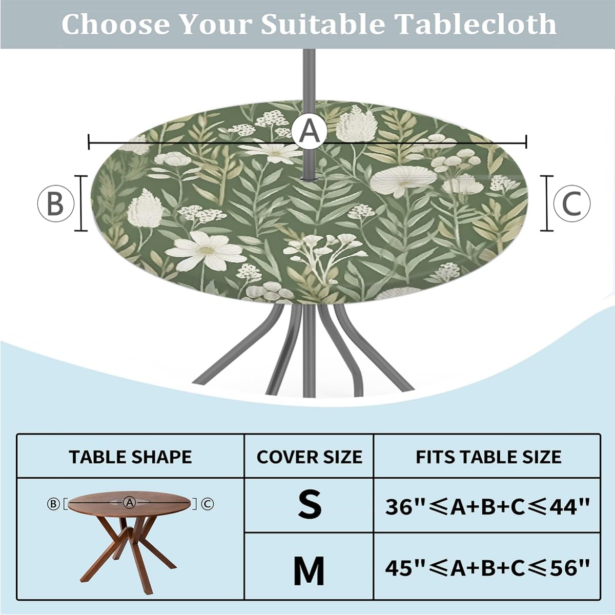 Nappe ronde avec trou pour parasol et fermeture éclair à essuyer facilement avec bords élastiques - Protection de table pour extérieur, jardin, patio, barbecue (Fleur verte en forme de feuille