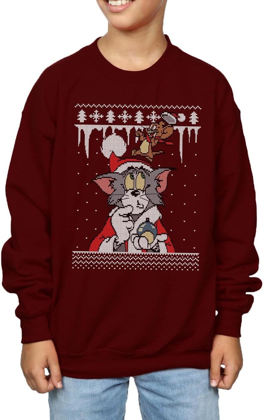 TOM and JERRY Boys Christmas Fair Isle Sweatshirt 9-11 Years Burgundy