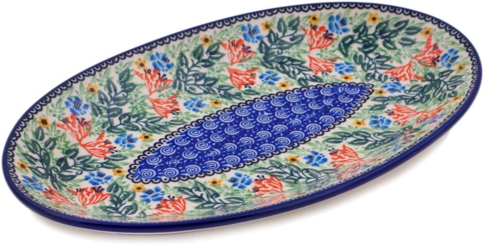 Polmedia Polish Pottery Platter 12-inch UNIKAT - Peach Fan Fare Pattern Handmade in Boleslawiec Poland by Ceramika Artystyczna + Certificate of Authenticity
