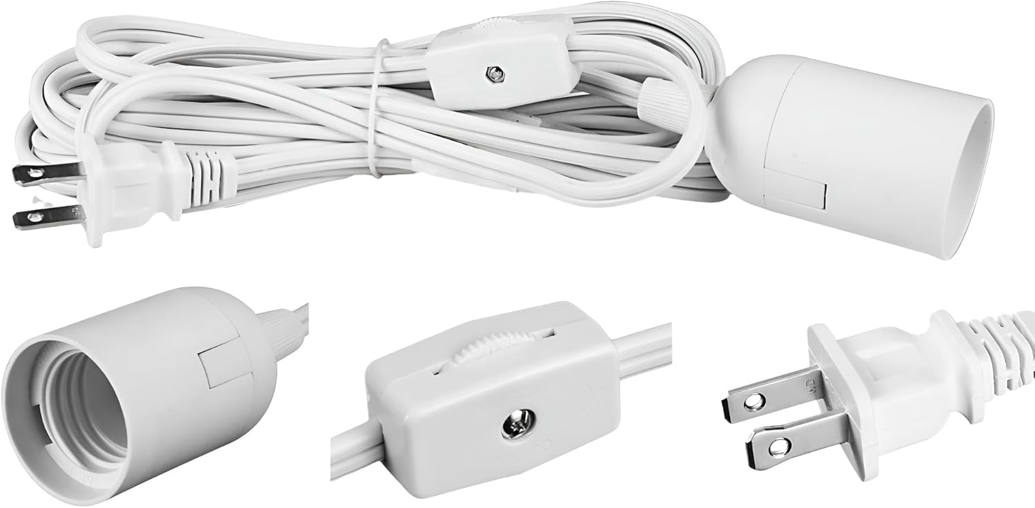 JacobsParts E26 Light Bulb Socket to 2-Prong US AC Power Cord Adapter with On/Off Switch, 12 FT Cable (6-Pack)