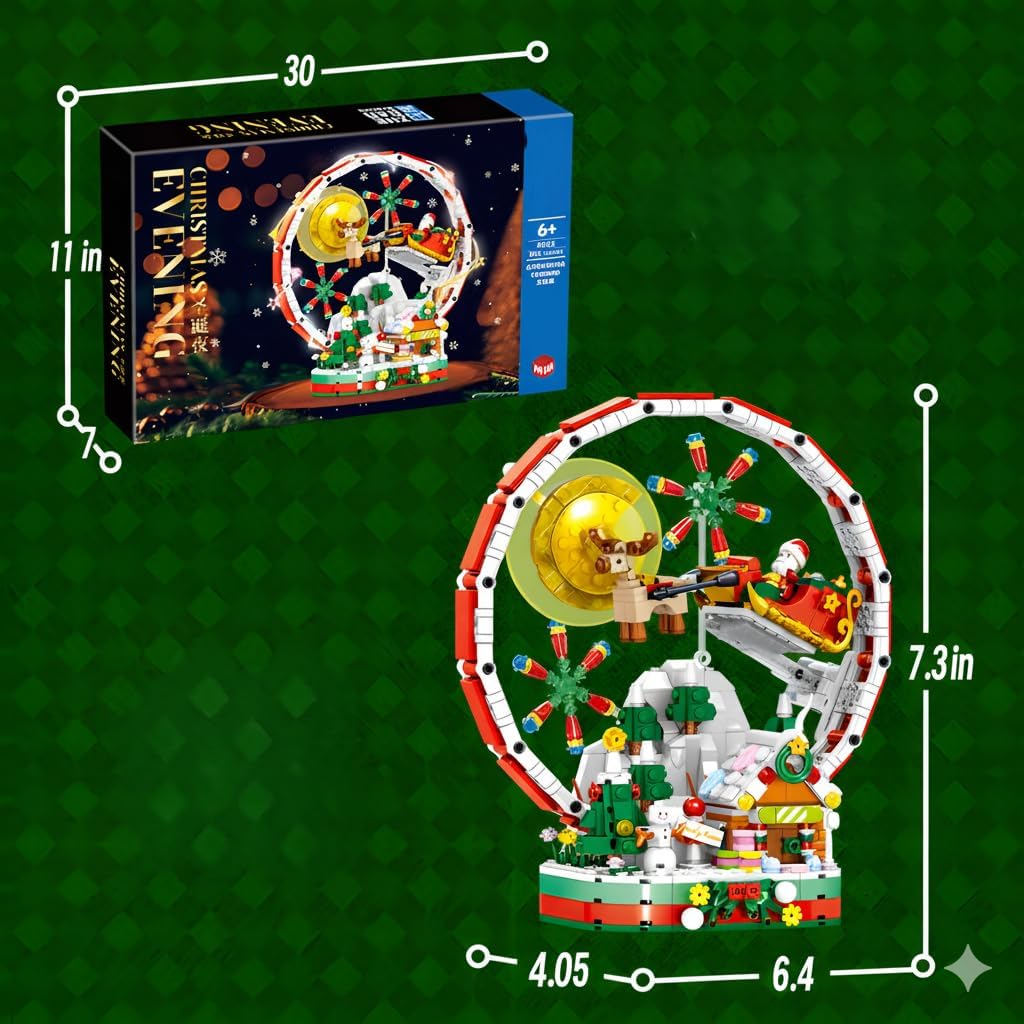 2026 Winter Snow Globe Light Building Set - Shiny Festive Santa Sleigh with Reindeer, Candy House & Snowman Under Moon - Compatible with Major Brands - Ideal for Kids & Adults