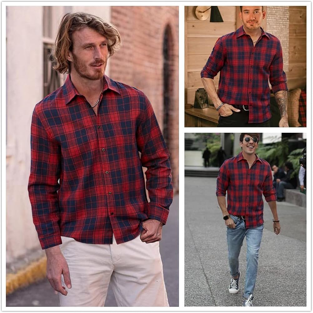 Vista 4 de JMIERR - Camisas de manga larga con botones para hombre, camisa informal de franela de algodón