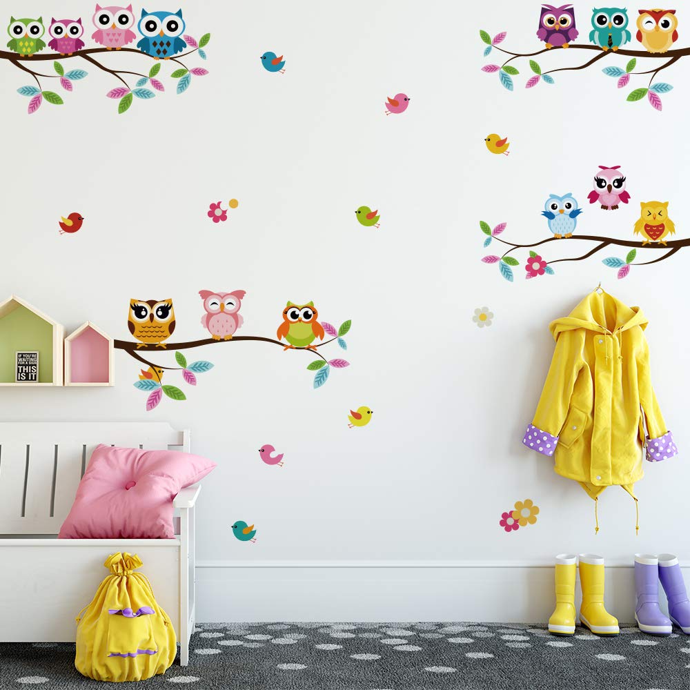 Alwayspon Kids/Girls Room Cute Colorful Owls Wall Sticker, Removable Watercolor Wall Decals, Peel and Stick Wall Art Murals for Home Nursery Decoration Living Room Decor